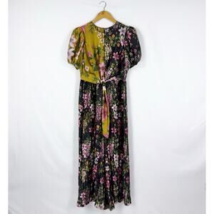 ML Moniqua Lhuillier x Anthropologie Alisia Floral Satin Wide Leg Jumpsuit 8 Blk